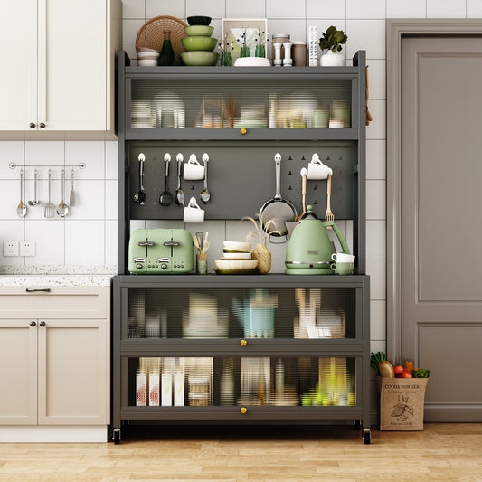65'' Tall Kitchen Bakers Rack with Flip Door Cabinet, 5 Tier Multifunctional Microwave Stand Buffet, Coffee Bar, Quick Assembly, Gray