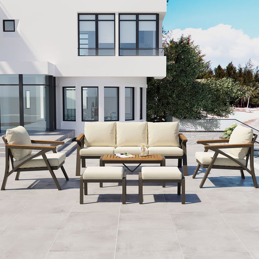 6-Piece Outdoor Patio Furniture Set, Steel Frame Sofa Set with 3-Seat Couch, 2 Armchairs, 2 Ottomans & Acacia Wood Coffee Table, Cushioned Seating for Backyard, Garden, Poolside, Beige Cushion