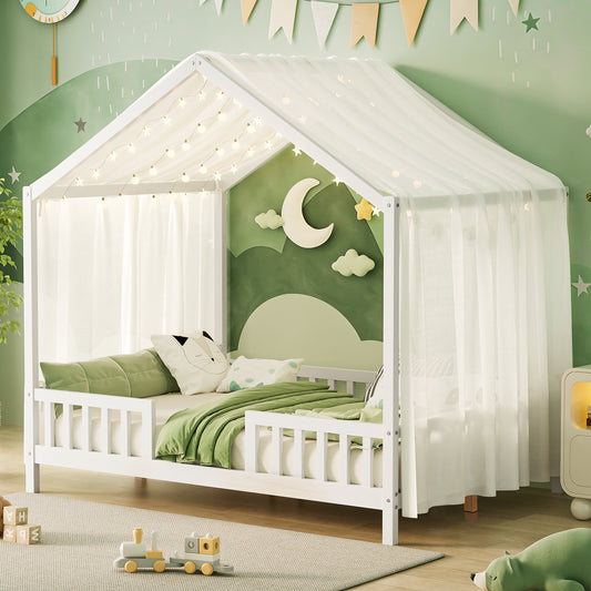 Montessori Floor Bed with Canopy, Full Bed Frame for Kids, House Shape Kids Bed Frame with High Railings, Wood Kids Bed with Roof, Kid Full Bed, White