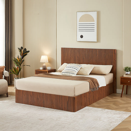 Queen Size Lift Up Storage Bed Frame, Wooden corrugated curved lines, Hydraulic Storage/No Box Spring Needed, Walnut.