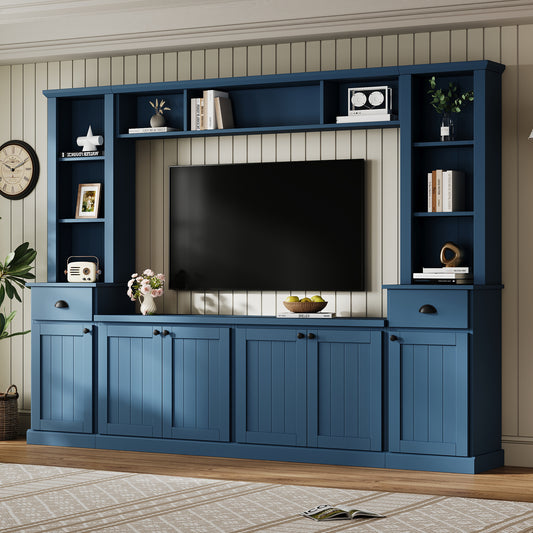 Minimalist Entertainment Wall Unit with Bridge for TVs Up to 75'', Ample Storage TV Stand with Adjustable Shelves, Modernist Large Media Console for Living Room, Blue (New Color of N721S000061K/B)