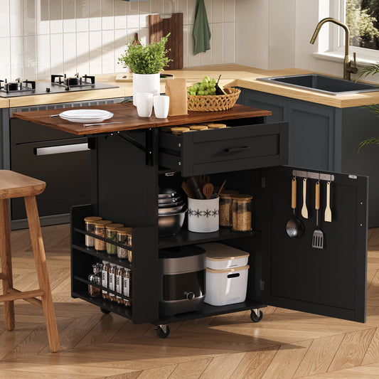 K&K 39.3' Farmhouse Kitchen Island with Drop Leaf, Kitchen Storage Island with Open Side Rack, One Drawer, Towel Rack, Rolling Kitchen Cart with Lockable Wheels for Lawn Garden, Black
