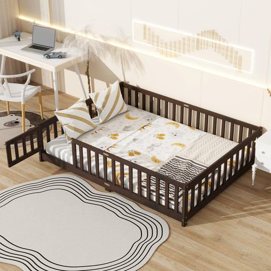Full Size Floor Bed with Fence and Door,Rubber Wood Floor Bed with Safety Guardrails,Espresso (Old Sku W504P286381)