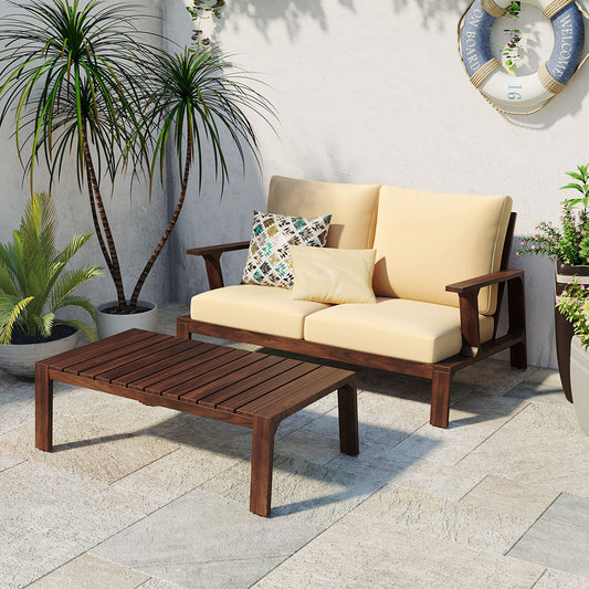 2 Pieces Outdoor Sofa Set 2-person Patio Seating Group Outdoor Conversation Set with Cushions and a Coffee Table for Patios, Gardens, or Balcony, Dark Brown +Beige Cushion