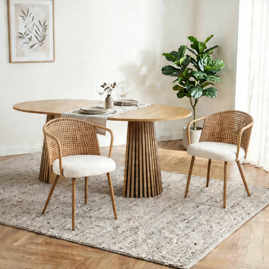 Solid wood stretching dining table + brown wicker dining chairs 2-piece set - farmhouse style farm chairs