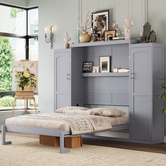 Full Size Murphy Bed, Wooden Full Wall Bed with 2 Wardrobe and Storage Shelf, Multifunctional Foldable Platform Bedframe for Guest-Room, Bedroom, Gray