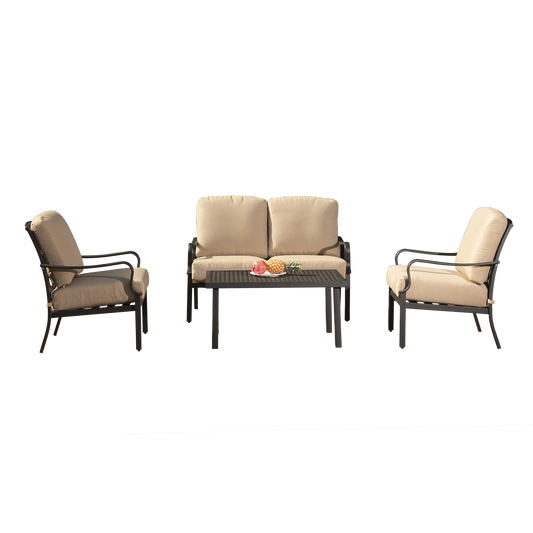 Outdoor 4 pcs Patio Conversation Set, Metal Dining Table and Chairs Dining Set with Removable Beige Cushions for Garden Lawn Yard