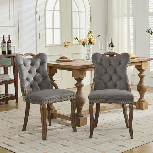 Velvet Dining Chair with Handmade Tufted Trim, Solid Wood Handles on Top and Sides, Vintage Copper Nail Decoration, Curved Solid Wood Legs, Elegant Overall Shape,Set of 2,Gray