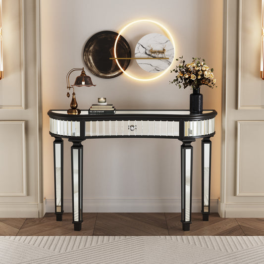 47' Half-Moon Mirrored Console Table with Fluted Glass & Crystal Knob Drawer - Silver Entryway Vanity Desk for Bedroom/Dressing Room(Black+Sliver)