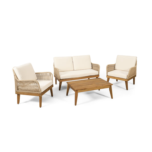 Hueber Outdoor Acacia Wood and Rope 4 Seater Chat Set with Cushions