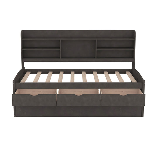 Twin Size Wooden Captain Bed with Built-in Bookshelves, Three Storage Drawers and Trundle in Antique Brown Pine Wood