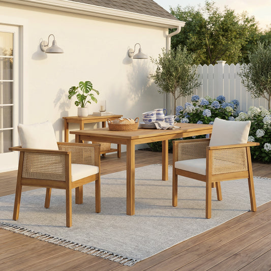 Outdoor Dining Chairs Set of 2, Acacia Wood Patio Armchair with Natural Wickers and Cream Washable Cushion,for Backyard, Poolside, Garden,Teak