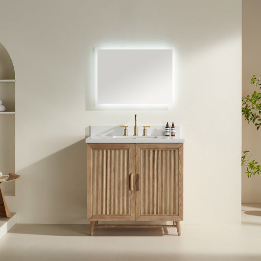 Fully Assembled 36'' Light Coffee Freestanding Single Sink Bathroom Vanity with Solid Wood Construction and Engineered White Top