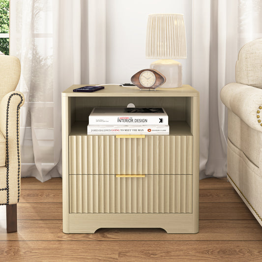 Nightstand with Charging Station, Smart Nightstand with Night Light,Bedside Tables with Storage Cabinet for Bedroom, Wood