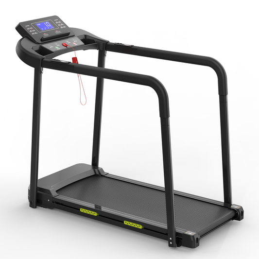 Senior Walking Pad Treadmill with Foldable Design, Large LED Display, Stable Handrails, 300 Lbs Capacity, Black Steel Frame