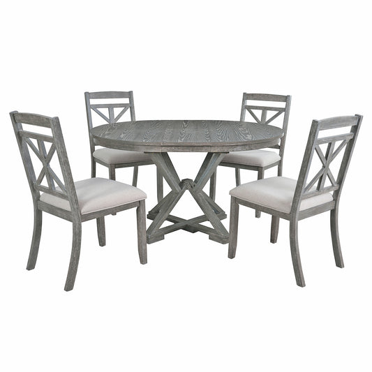 TREXM Retro Functional Extendable Round Dining Table Set with 4 Upholstered Chairs in Grey, Solid Rubberwood Frame and Linen Cushions