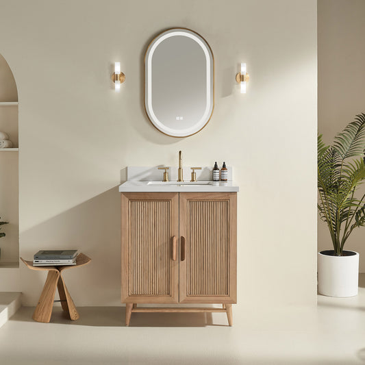 Fully Assembled 30'' Light Coffee Freestanding Single Sink Bathroom Vanity with Solid Wood Construction and Engineered White Top