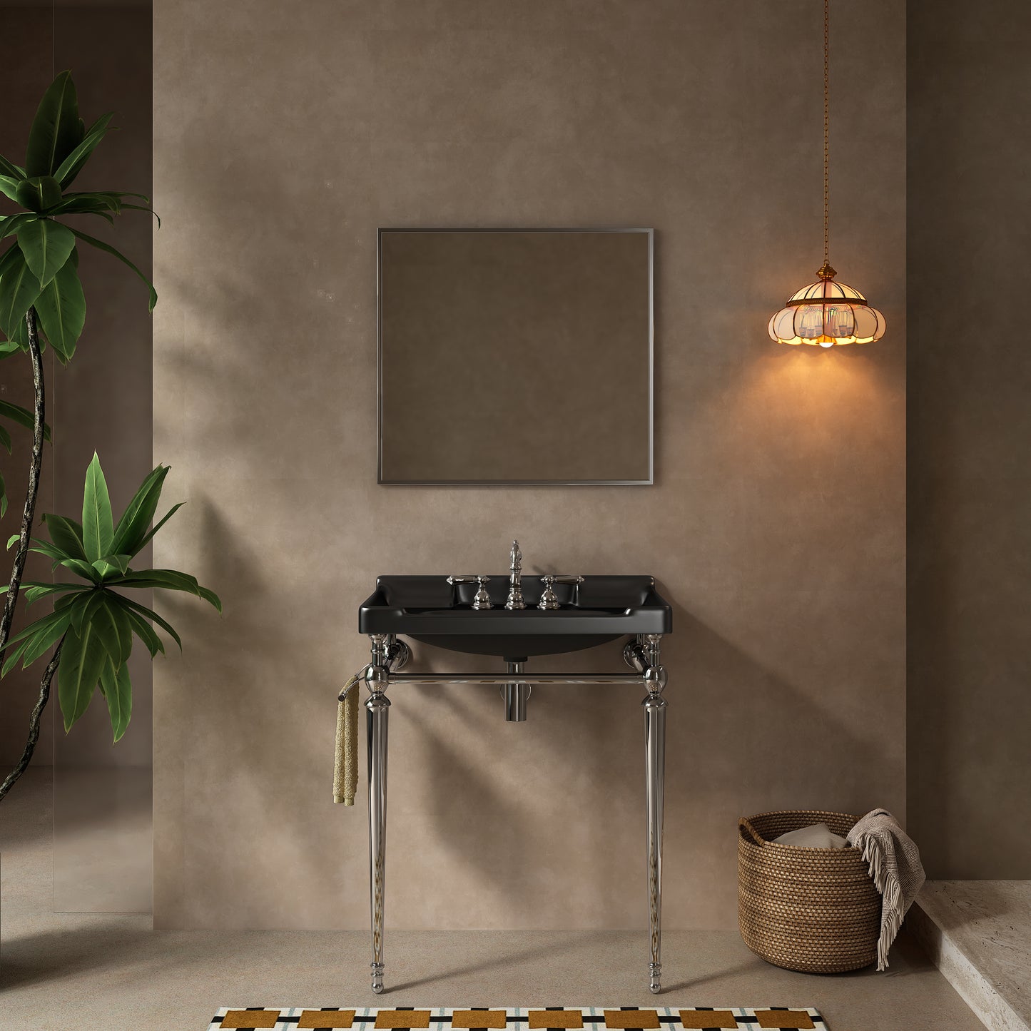 VICI 28' Bathroom Console Sink, Wall-Mounted Black Ceramic Vanity Basin with 3 Pre-drilled Faucet Holes, Freestanding Stainless Steel Support Legs with Towel Bar, No Faucet & Sink Cover, Chrome Color