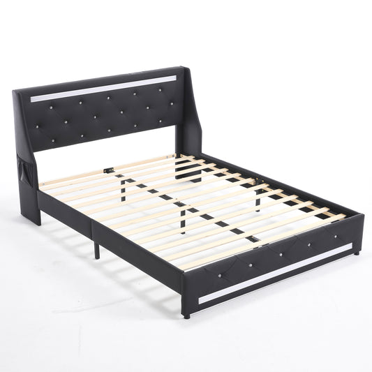 Modern Black Upholstered Platform Bed Frame with LED Lights, Charging Station, Diamond Headboard, Wooden Slats, No Box Spring Needed, Noise-Free, Easy Assembly