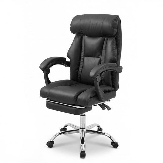 Executive Office Chair with Foot Rest, Adjustable Height High Back Reclining Gaming Chair in Black PU Leather with Metal & Wood Frame