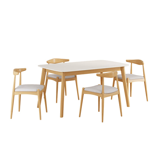 Mid-Century Modern 5-Piece Dining Set with Solid Rubberwood Frame Table and 4 Beige Upholstered Chairs in White Oak and Beige