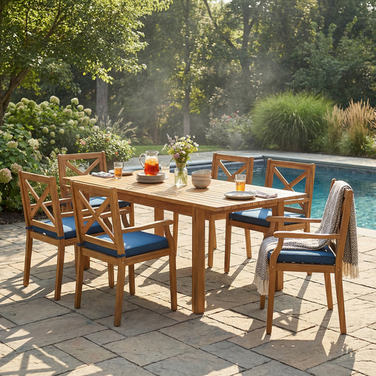 7 Pieces Acacia Wood Outdoor Dining Set with Blue Cushions,Modern 6 Chairs 1 Large Table,Dining Furniture Set for Lawn, Backyard, Garden Deck,Poolside,Teak