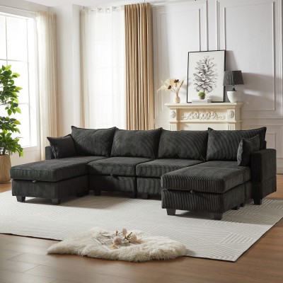 Modular Sectional Corduroy Sofa Set Living Room U-Shaped Storage Ottoman 6 Seats Convertible Chaise