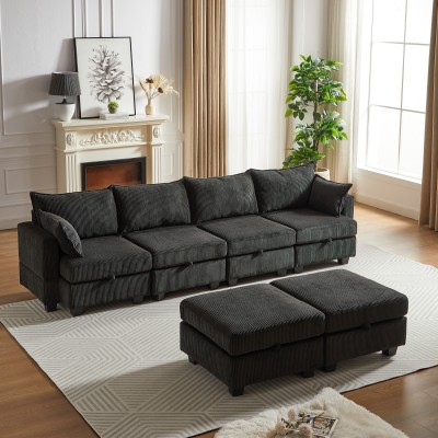 Modular Sectional Corduroy Sofa Set Living Room U-Shaped Storage Ottoman 6 Seats Convertible Chaise