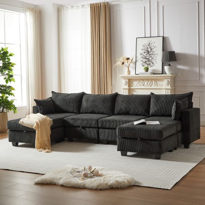 Modular Sectional Corduroy Sofa Set Living Room U-Shaped Storage Ottoman 6 Seats Convertible Chaise