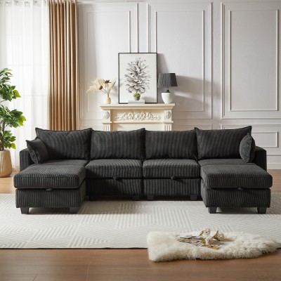 Modular Sectional Corduroy Sofa Set Living Room U-Shaped Storage Ottoman 6 Seats Convertible Chaise