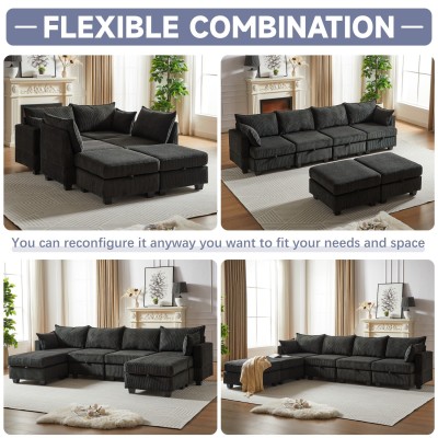 Modular Sectional Corduroy Sofa Set Living Room U-Shaped Storage Ottoman 6 Seats Convertible Chaise