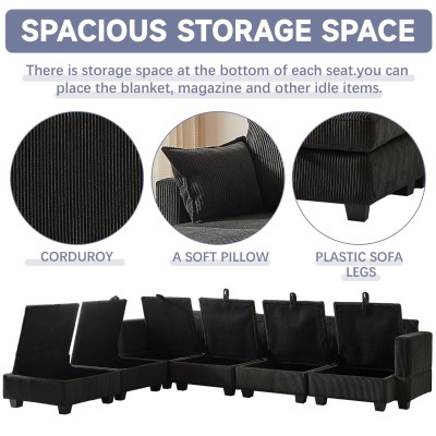 Modular Sectional Corduroy Sofa Set Living Room U-Shaped Storage Ottoman 6 Seats Convertible Chaise
