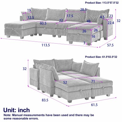 Modular Sectional Corduroy Sofa Set Living Room U-Shaped Storage Ottoman 6 Seats Convertible Chaise