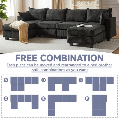 Modular Sectional Corduroy Sofa Set Living Room U-Shaped Storage Ottoman 6 Seats Convertible Chaise