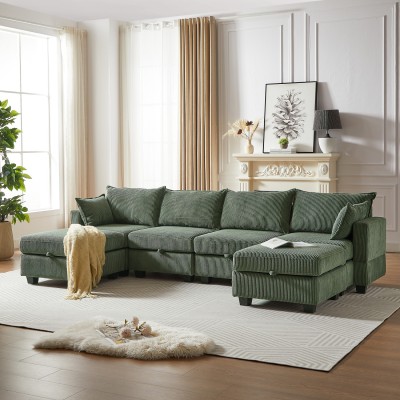 Modular Sectional Corduroy Sofa Set Living Room U-Shaped Storage Ottoman 6 Seats Convertible Chaise
