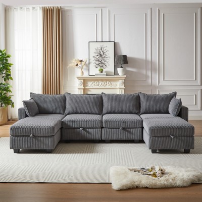 Modular Sectional Corduroy Sofa Set Living Room U-Shaped Storage Ottoman 6 Seats Convertible Chaise