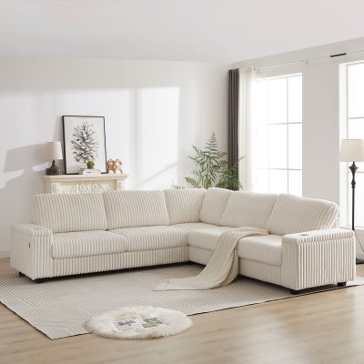 Oversized L-Shaped Corduroy Corner Sofa Set Modern Design Two Storage Spaces USB Type-C Port Cup Holder Deep Seat Living Room