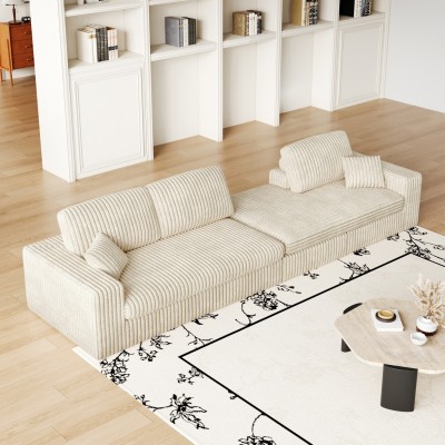 Modern Corduroy Modular Eco-Friendly Durable Foam Sofa Recliner 2-in-1 L-Shaped Design Three Cushions Neck Pillow Two Throw Set