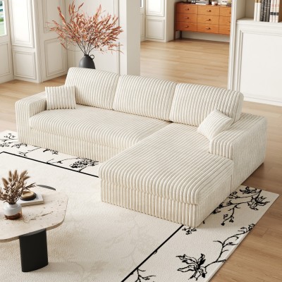 Modern Corduroy Modular Eco-Friendly Durable Foam Sofa Recliner 2-in-1 L-Shaped Design Three Cushions Neck Pillow Two Throw Set