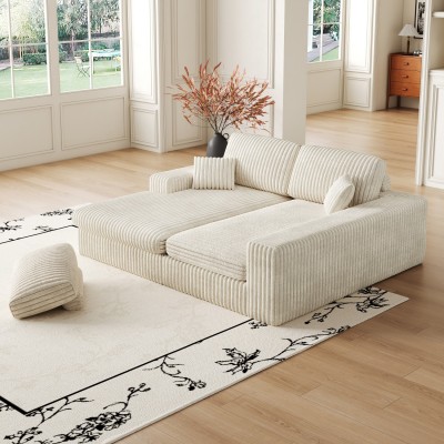 Modern Corduroy Modular Eco-Friendly Durable Foam Sofa Recliner 2-in-1 L-Shaped Design Three Cushions Neck Pillow Two Throw Set