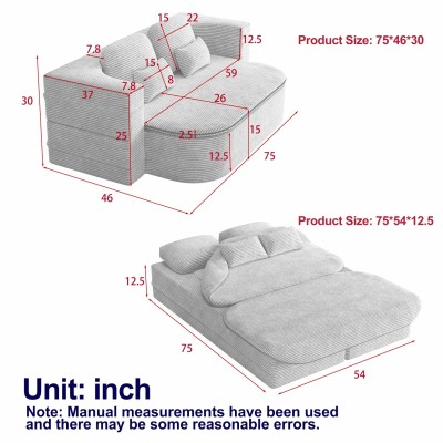 2-in-1 Foldable Convertible Corner Sofa Bed Modern Eco-Friendly Modular Design Durable Corduroy Cover for Living Room Bedroom