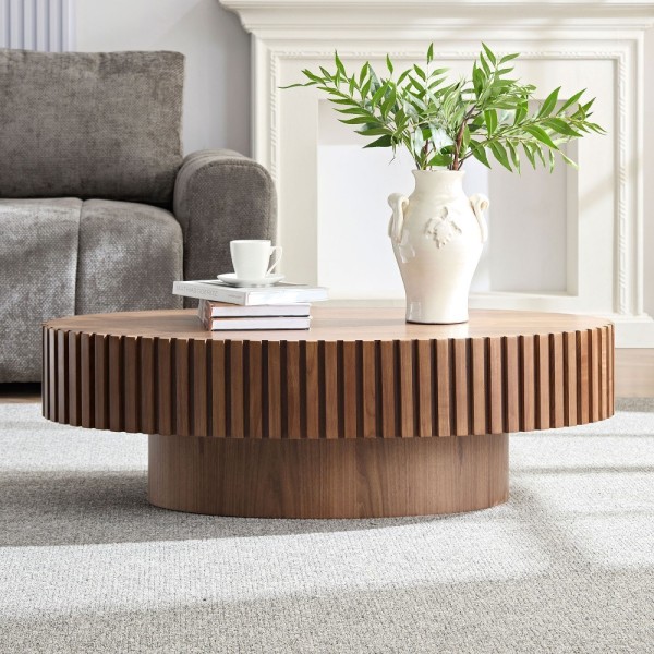 Modern Handcrafted Wooden Drum Coffee Table Oval Small with Pedestal Base Decorative for Living Room Home Furniture