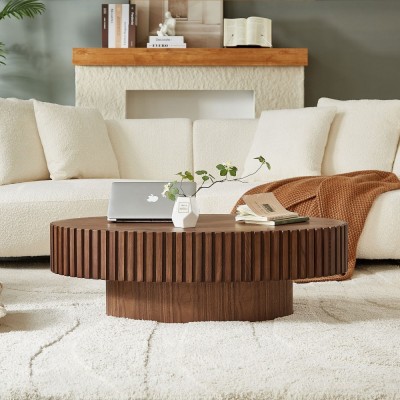 Modern Handcrafted Wooden Drum Coffee Table Oval Small with Pedestal Base Decorative for Living Room Home Furniture