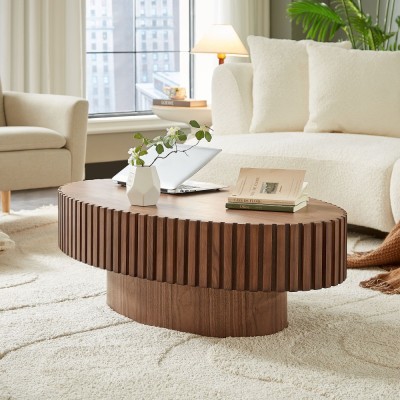 Modern Handcrafted Wooden Drum Coffee Table Oval Small with Pedestal Base Decorative for Living Room Home Furniture