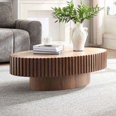 Modern Handcrafted Wooden Drum Coffee Table Oval Small with Pedestal Base Decorative for Living Room Home Furniture