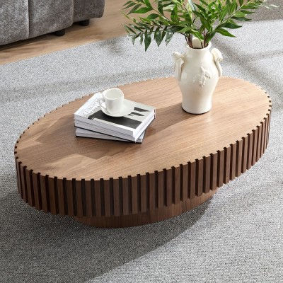 Modern Handcrafted Wooden Drum Coffee Table Oval Small with Pedestal Base Decorative for Living Room Home Furniture
