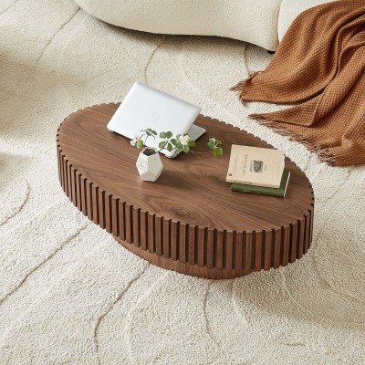 Modern Handcrafted Wooden Drum Coffee Table Oval Small with Pedestal Base Decorative for Living Room Home Furniture