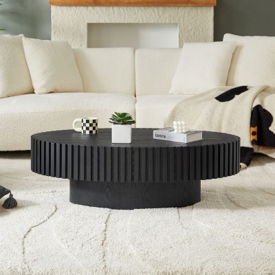 Modern Handcrafted Wooden Drum Coffee Table Oval Small with Pedestal Base Decorative for Living Room Home Furniture
