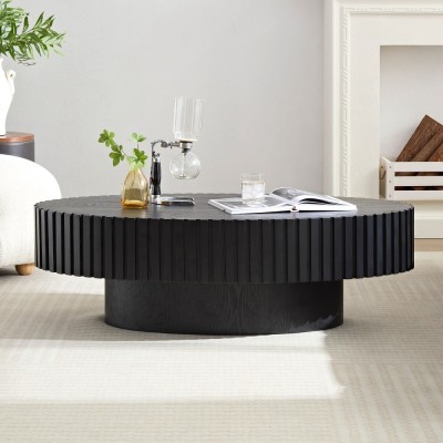 Modern Handcrafted Wooden Drum Coffee Table Oval Small with Pedestal Base Decorative for Living Room Home Furniture