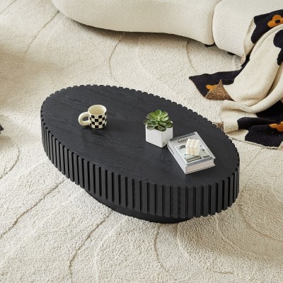 Modern Handcrafted Wooden Drum Coffee Table Oval Small with Pedestal Base Decorative for Living Room Home Furniture